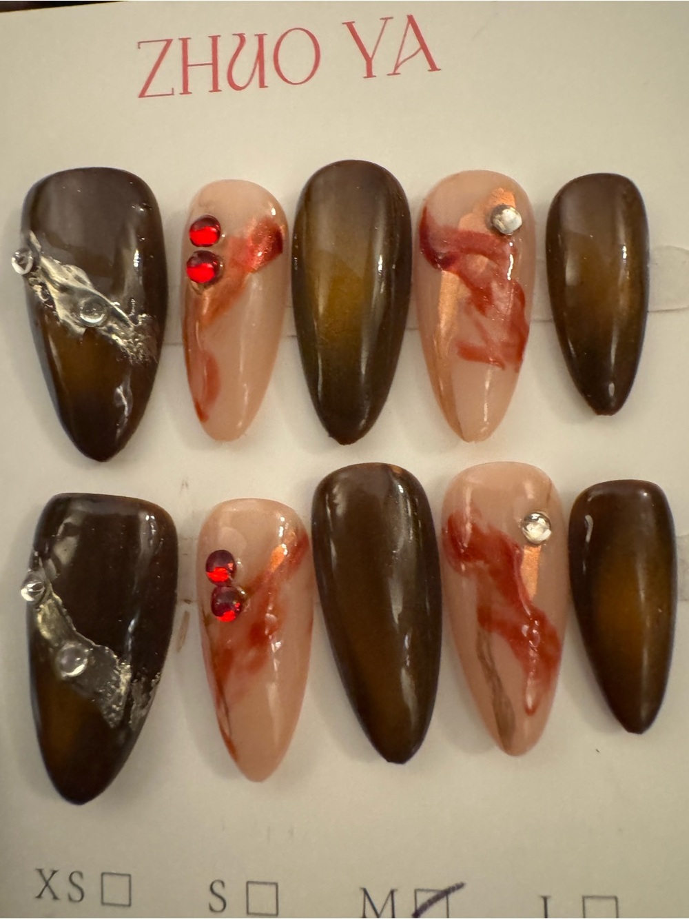 NWT ZHUO YA Nude, Brown & Burgundy/Deep Red Marble PressOn Nails (Medium Almond)